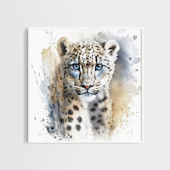 8x8 Snow Leopard Blue‎ Eyes Portrait Watercolor Fantasy Art Oil Painting Print - Picture 7 of 7